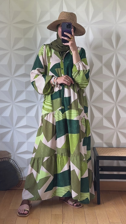 Robe Boutonnée à Manches Ballon et Imprimé Géométrique - Kaki