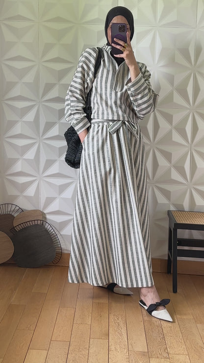 Ensemble jupe évasée et top à rayures en lin - Gris