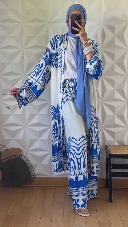 Ensemble kimono long et pantalon large a motif olivier - Bleu