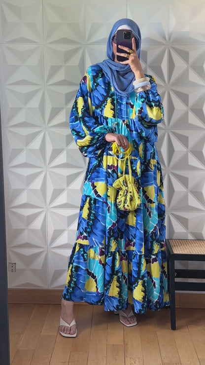 Robe babydoll à motif abstrait avec manches bouffantes - Bleu et Jaune