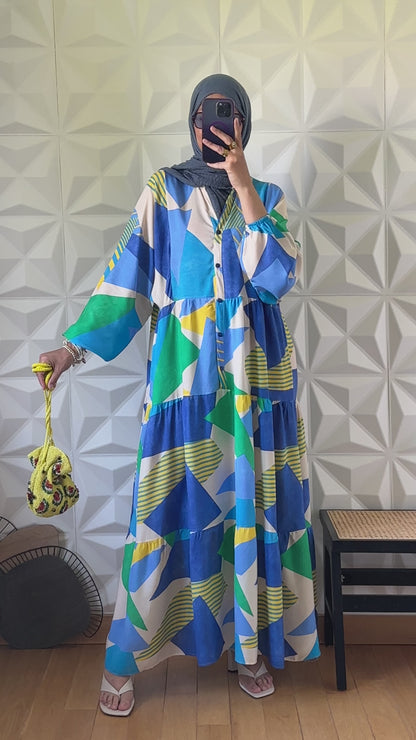 Robe Boutonnée à Manches Ballon et Imprimé Géométrique - Bleu