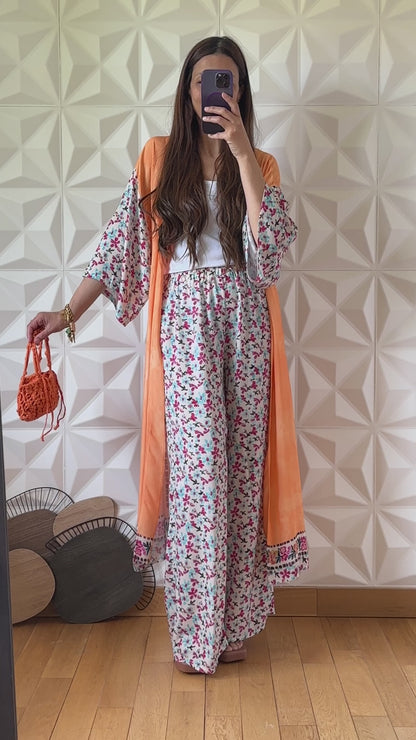 Kimono Set with Tie Tie and Floral Print - Beige