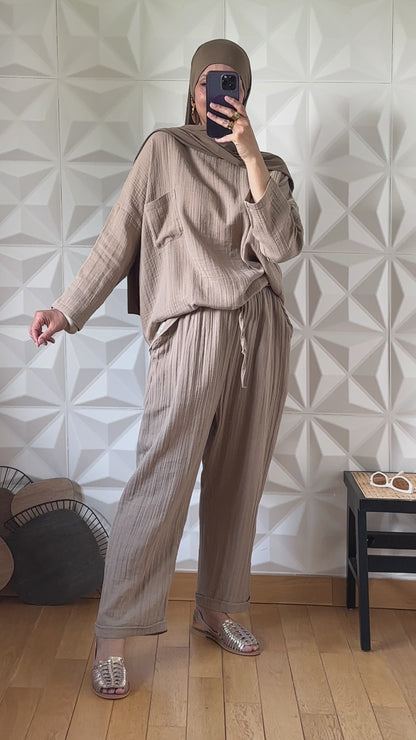 Ensemble pantalon et tunique oversize en gaze - Taupe