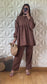 Smocked Linen Pants and Shirt Set with Voluminous Sleeves - Taupe