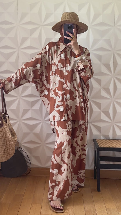 Ensemble chemise oversize et Pantalon large a imprimé abstrait - Marron