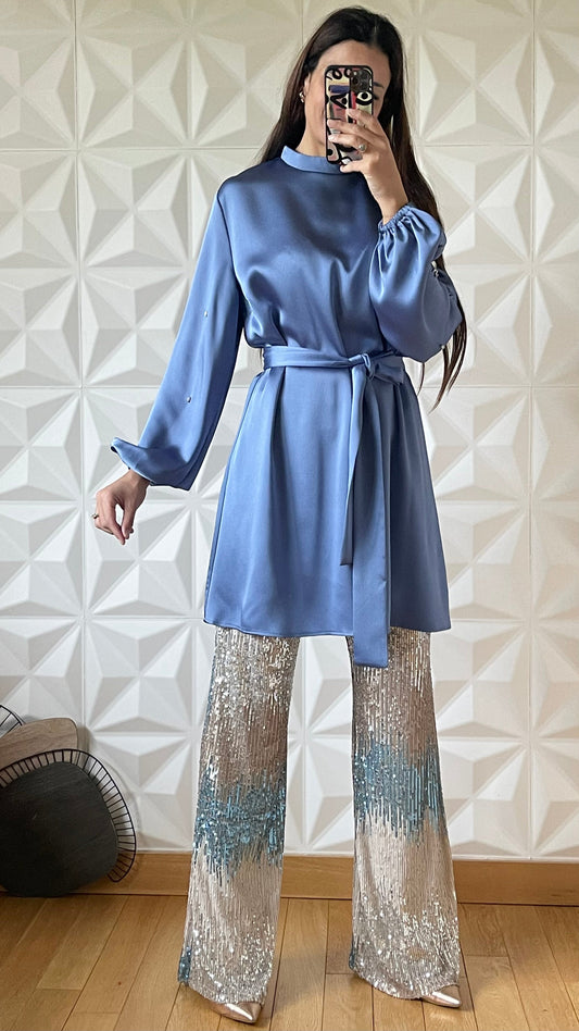 Pailletten-Hosen-Outfit - Blau 