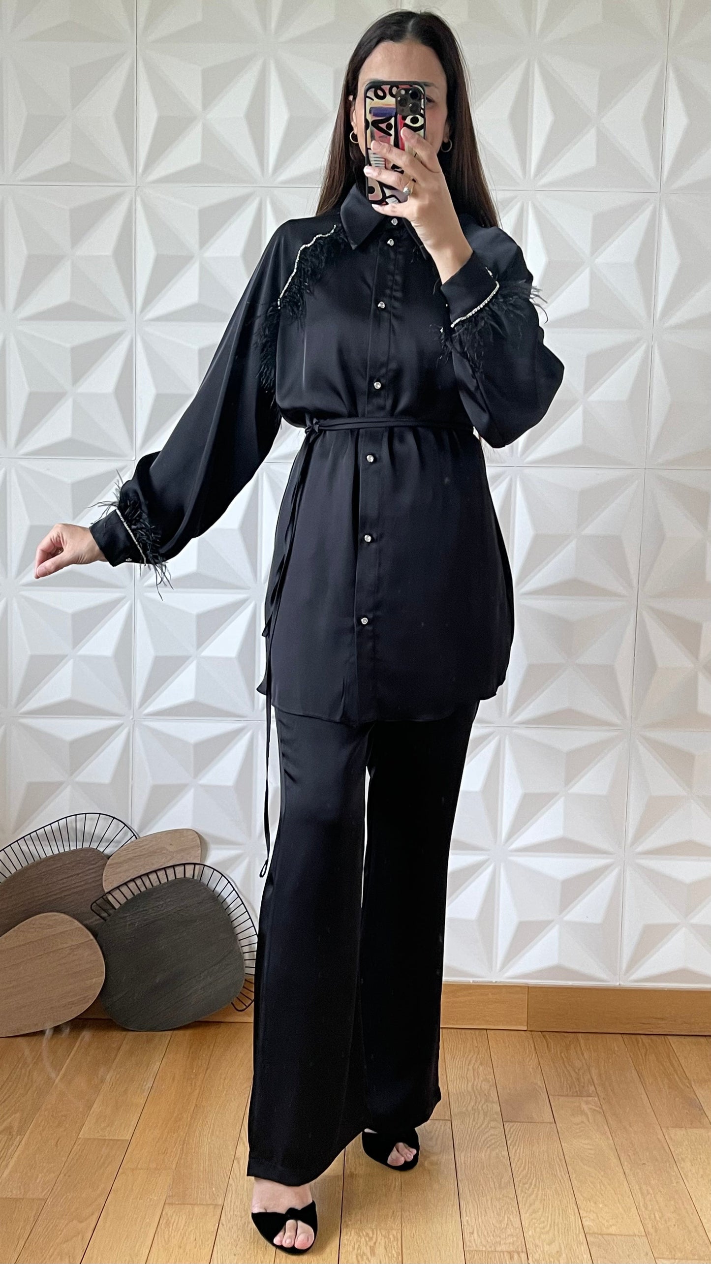Satin Feather Embellished Shirt And Wide Leg Pants Co-ord - Black