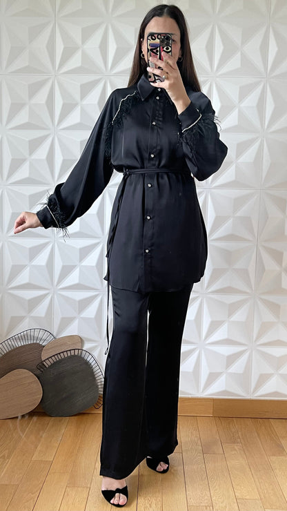 Satin Feather Embellished Shirt And Wide Leg Pants Co-ord - Black