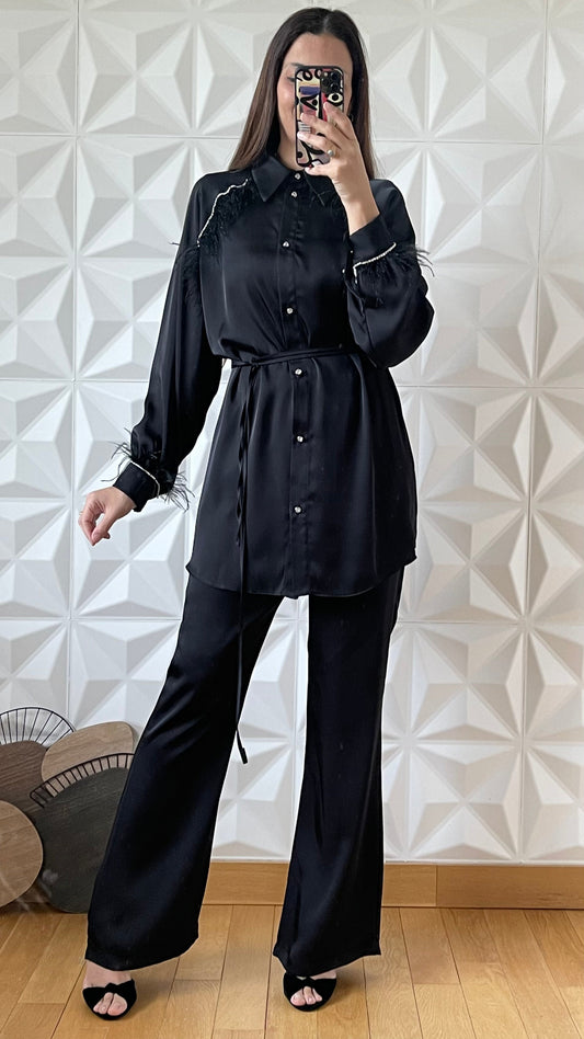 Satin Feather Embellished Shirt And Wide Leg Pants Co-ord - Black