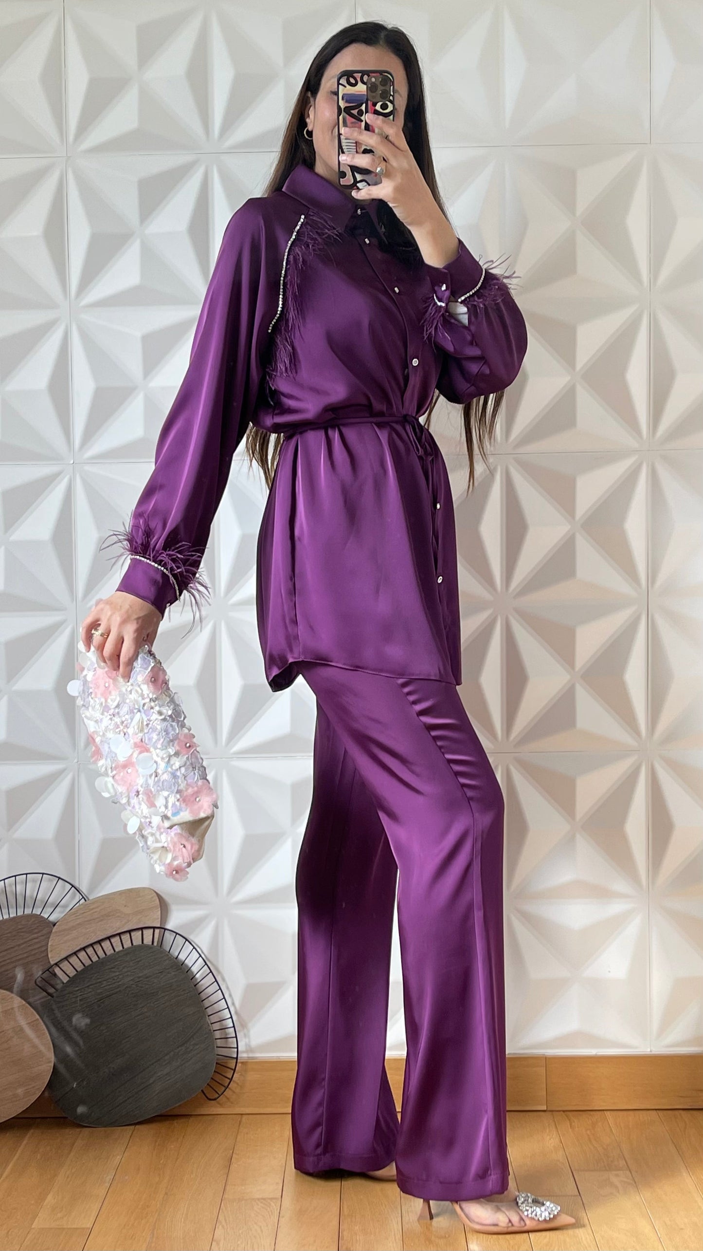Satin Feather Embellished Shirt &amp; Wide Leg Pants Co-ord - Intense Purple