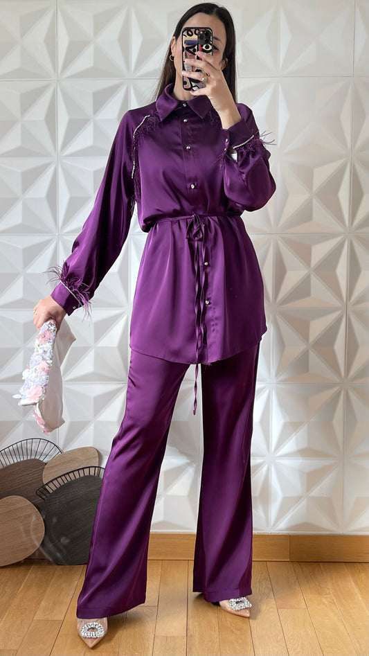 Satin Feather Embellished Shirt &amp; Wide Leg Pants Co-ord - Intense Purple