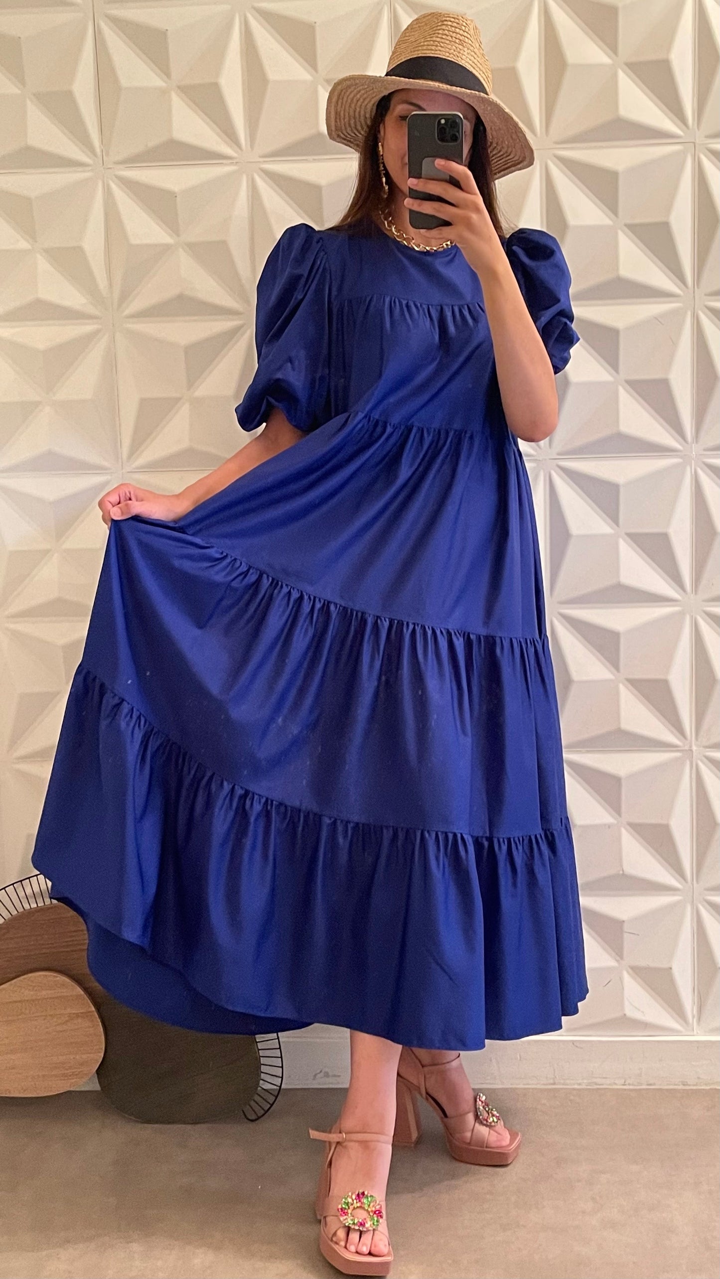 Babydoll dress with short puff sleeves - Blue