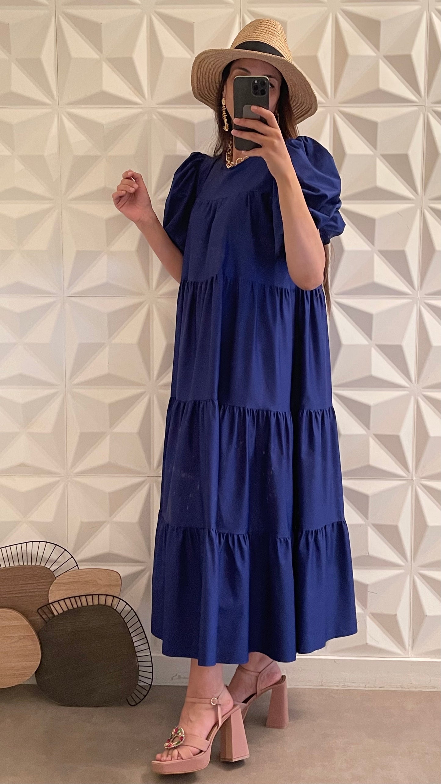 Robe Babydoll avec manches bouffantes courtes - Bleu