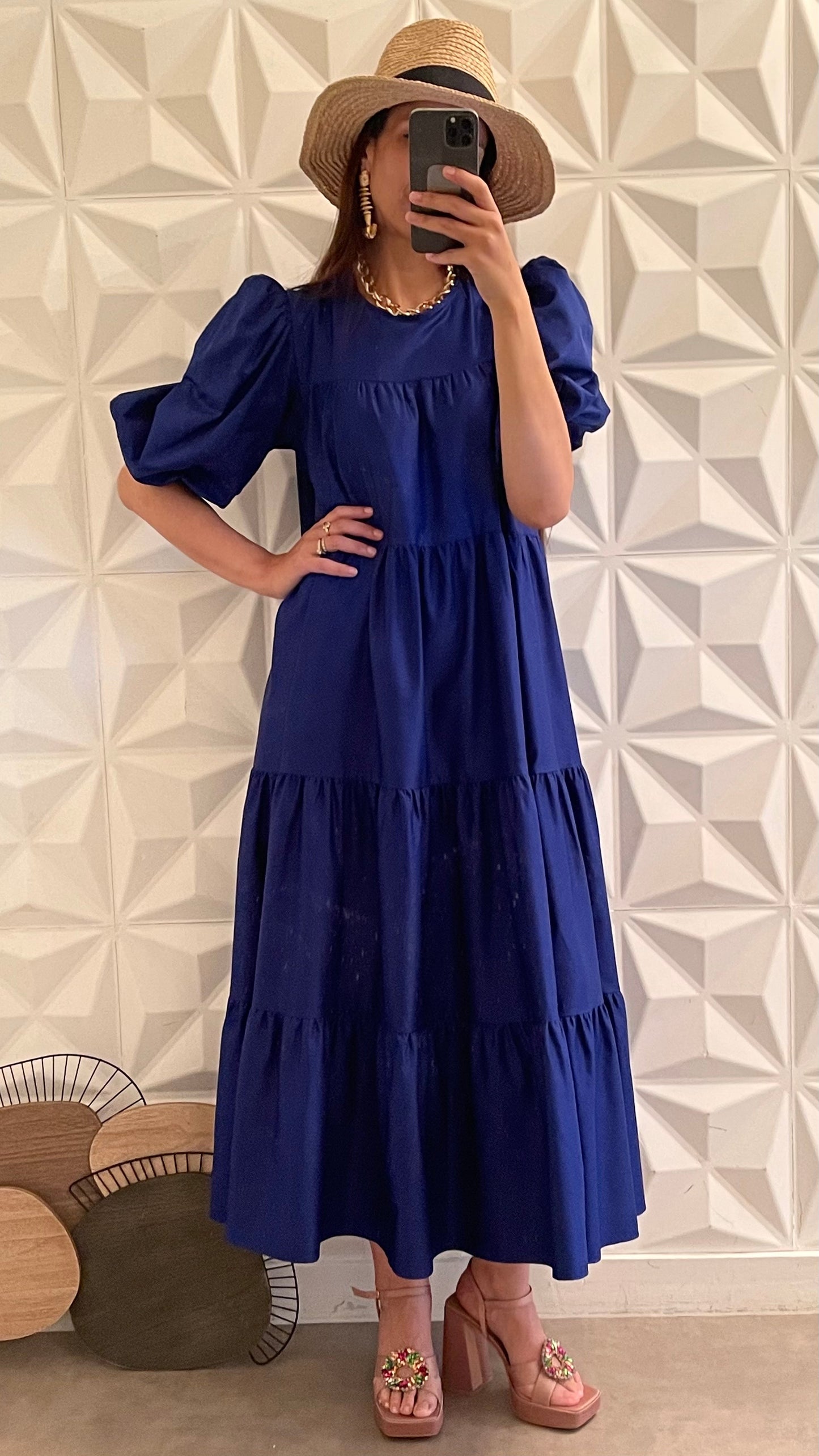Babydoll dress with short puff sleeves - Blue