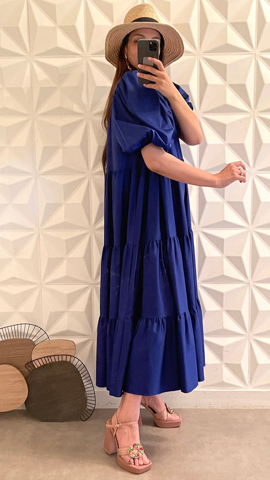 Babydoll-Kleid mit kurzen Puffärmeln - Blau 