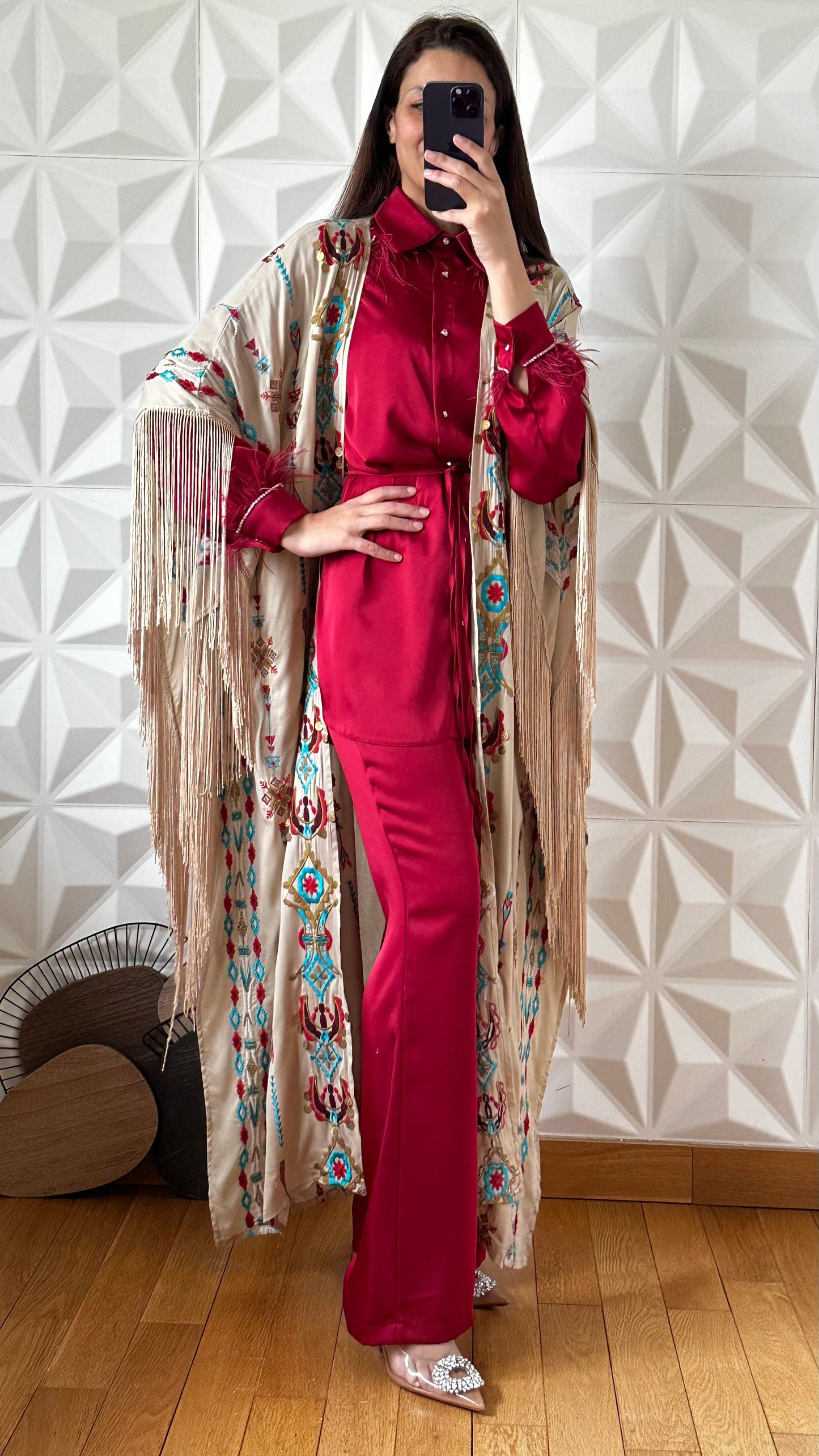 Embroidered and Embellished Kimono with Fringed Edges - Taupe