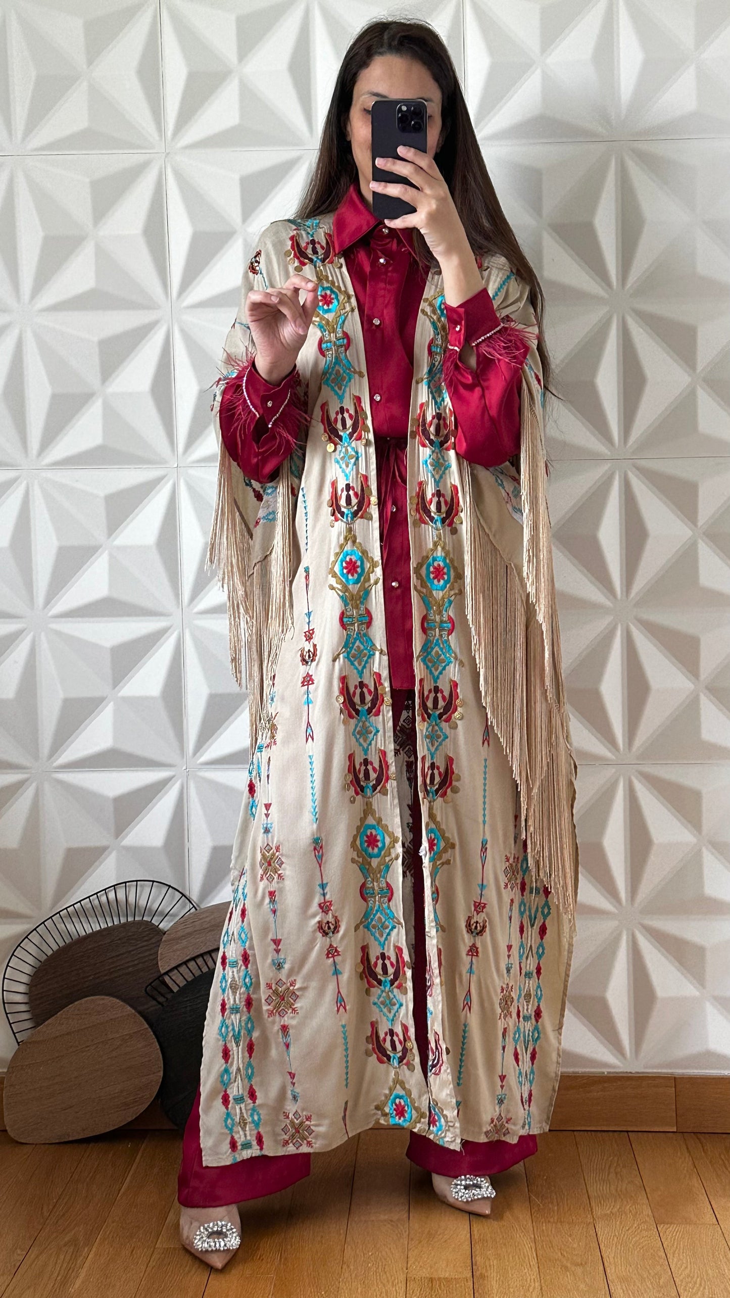 Embroidered and Embellished Kimono with Fringed Edges - Taupe