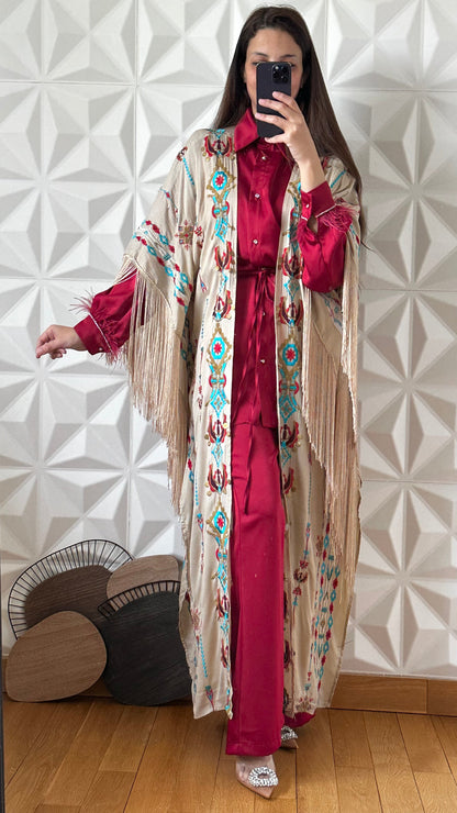 Embroidered and Embellished Kimono with Fringed Edges - Taupe