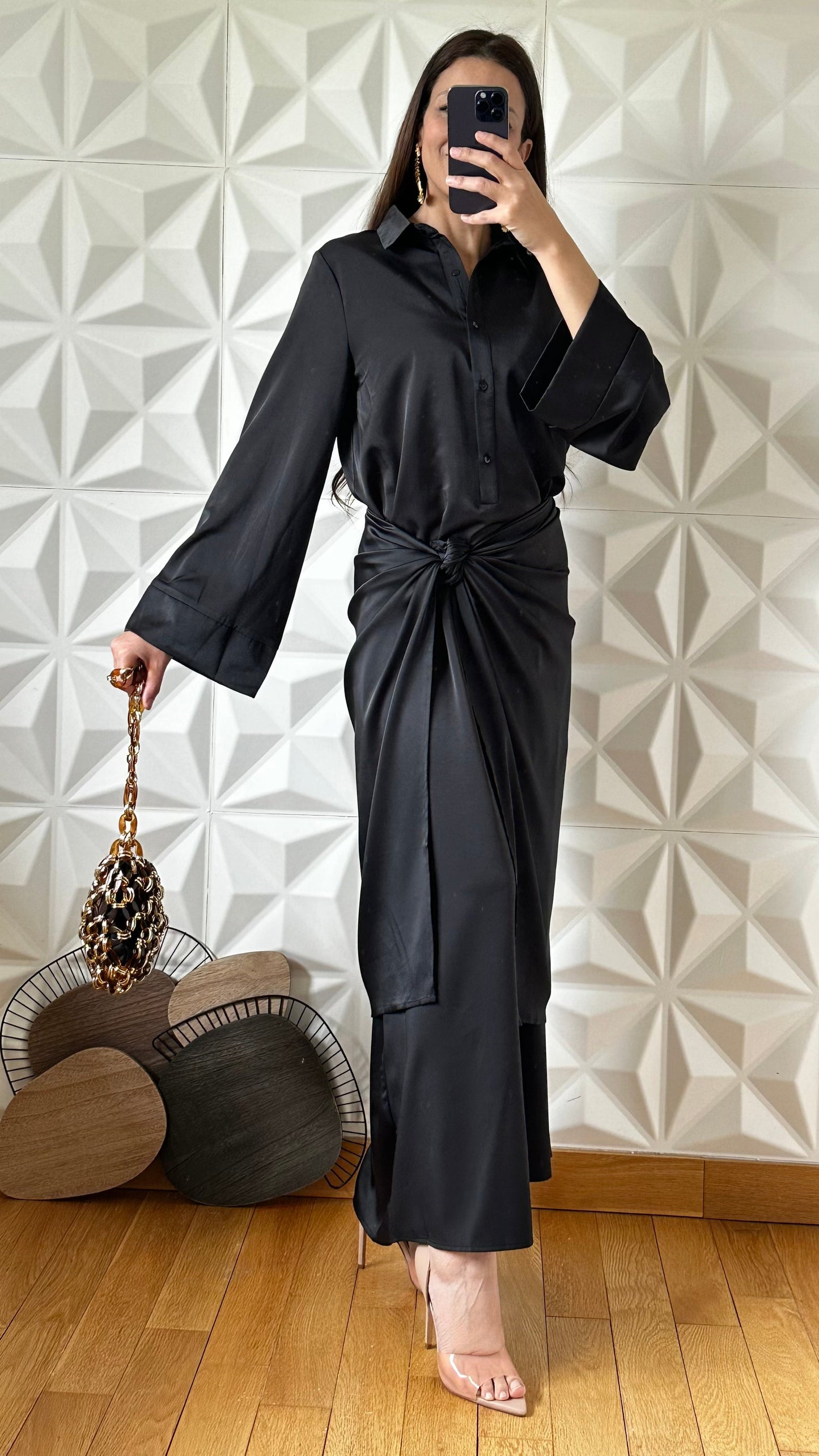 Long Sleeve Button Down Dress And Wrap Skirt - Black