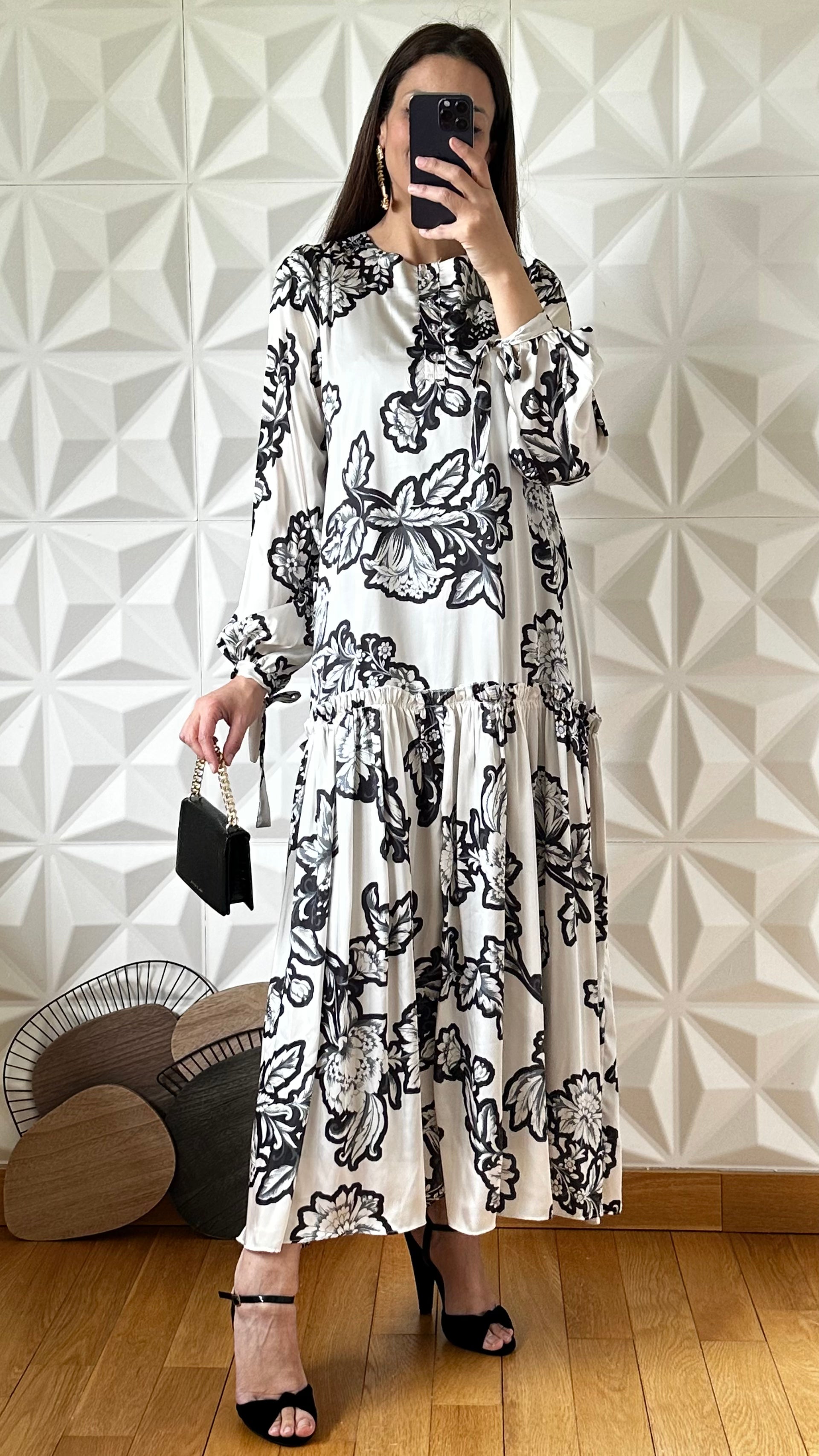 Robe babydoll avec superposition et lien à nouer - Fleur noir – OUMMATI ...