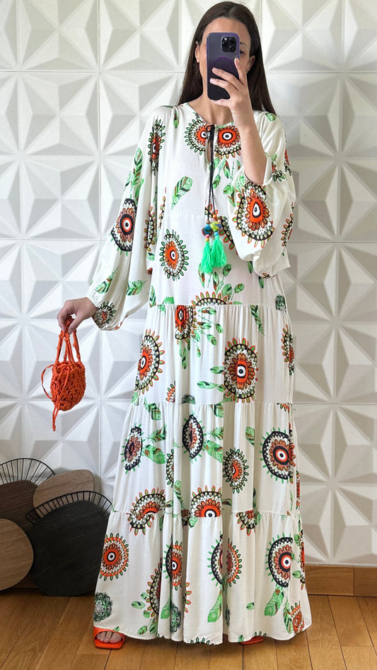 Robe babydoll avec manches bouffantes style années 70- Blanc fleurs orange