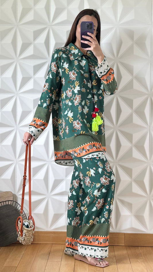 Ensemble Pantalon et Tunique à imprimé fleuri - Vert