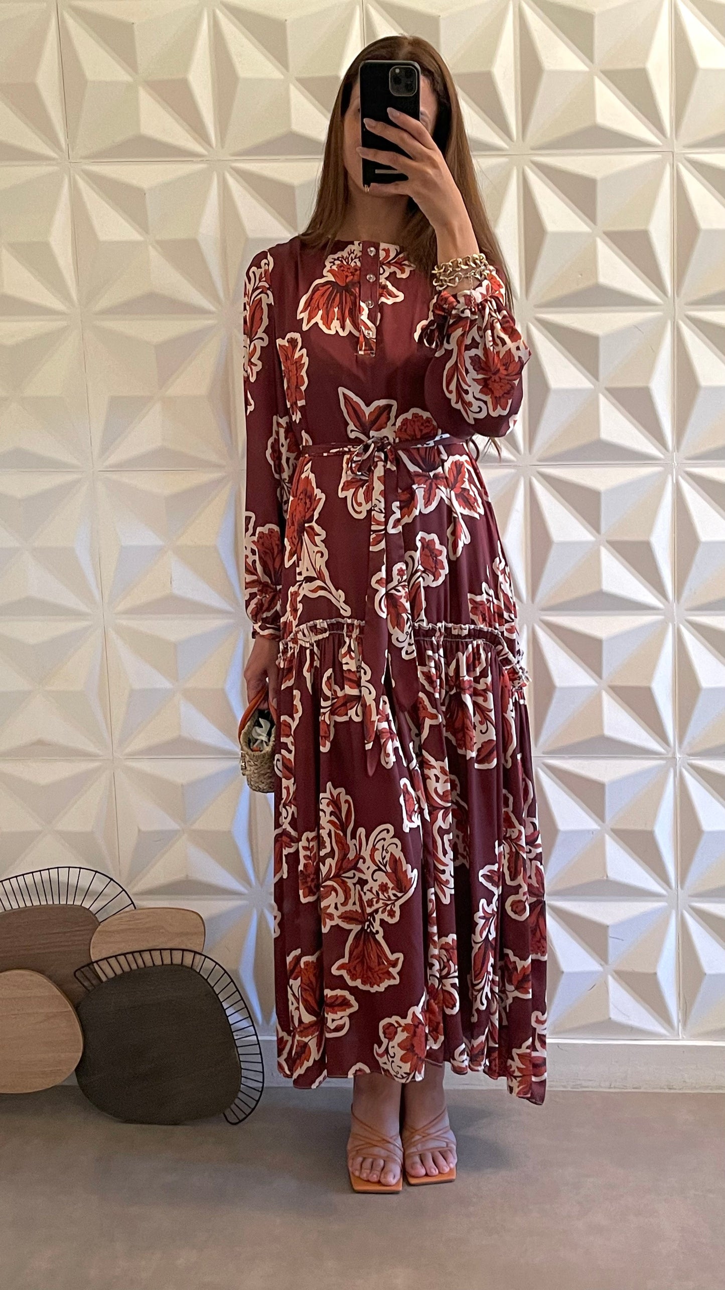 Babydoll dress with overlay and tie detail - Rust