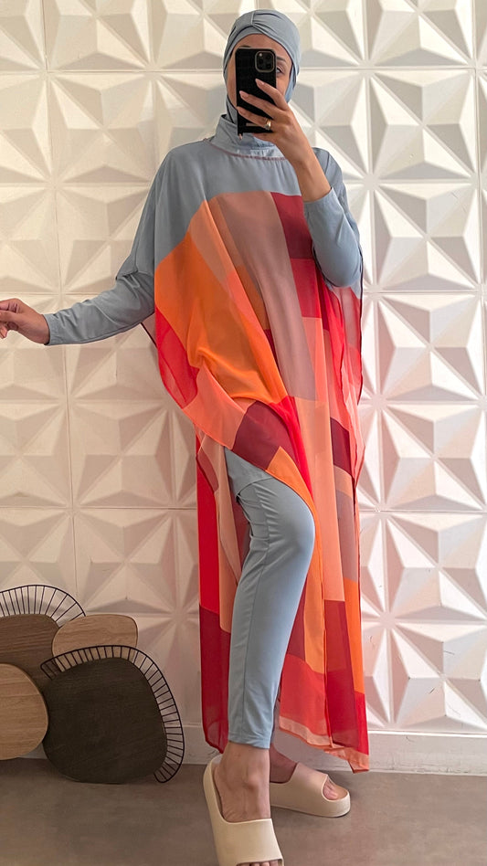 Ensemble 5 Pièces  Maillot de bain et Paréo Motifs Abstraits - Bleu cendré
