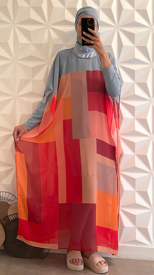 Ensemble 5 Pièces  Maillot de bain et Paréo Motifs Abstraits - Bleu cendré