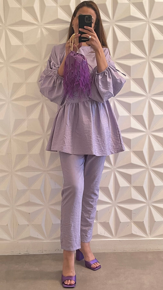 Ensemble Pantalon fuselé et Blouse trapèze - Lilas