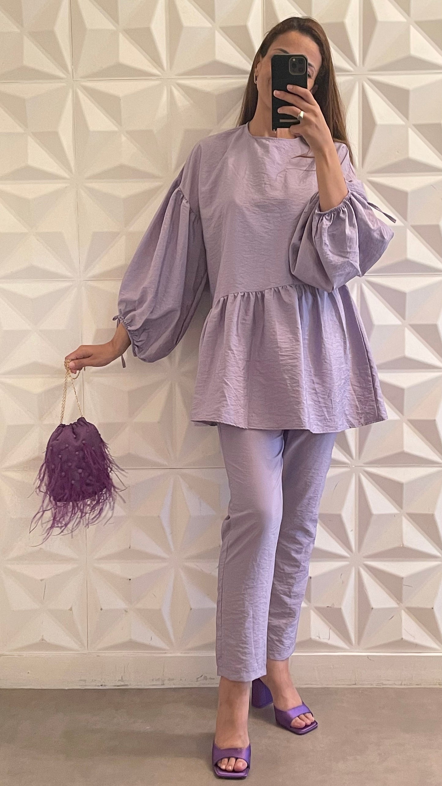 Tapered Pants and A-line Blouse Set - Lilac