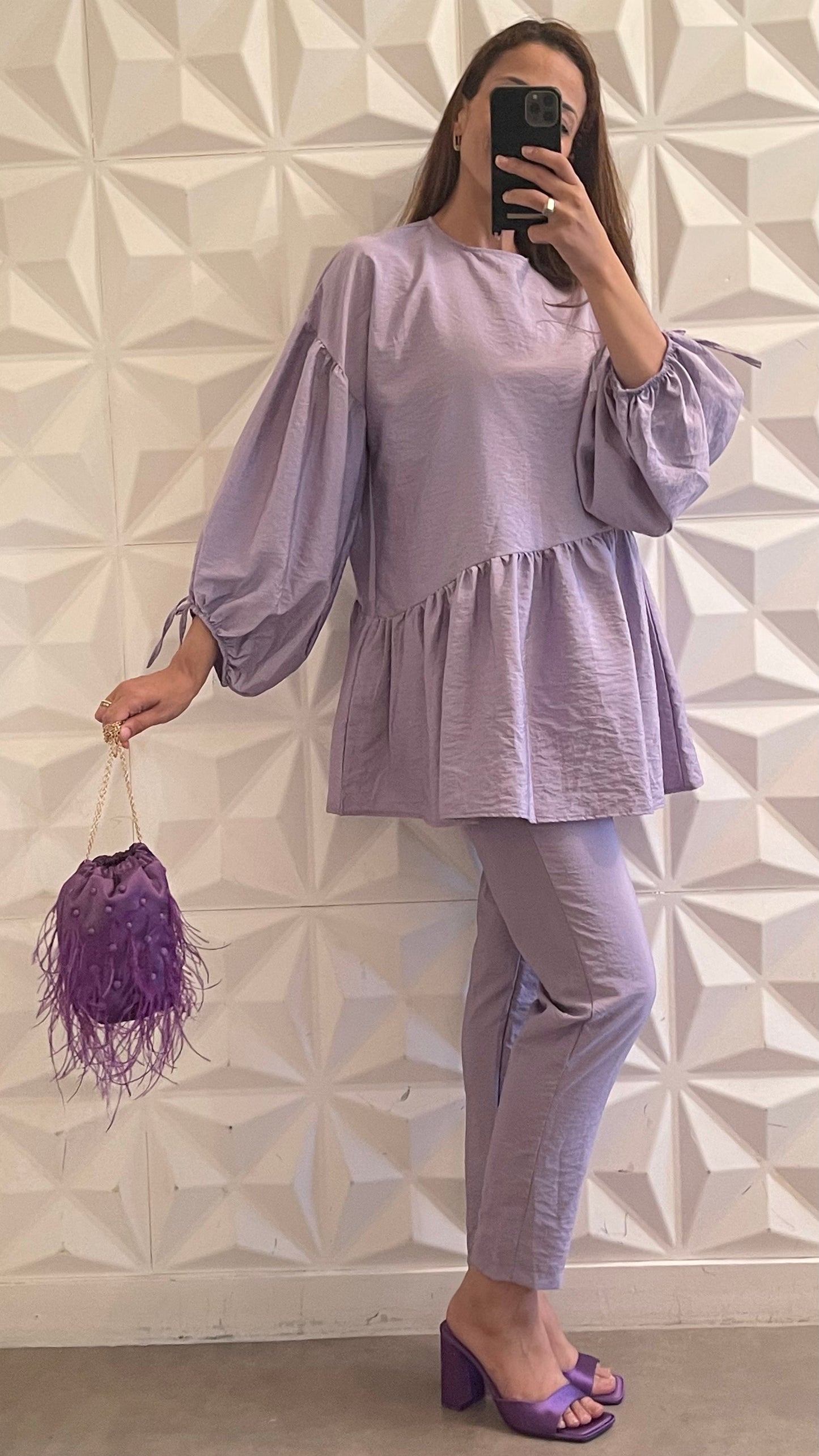 Tapered Pants and A-line Blouse Set - Lilac